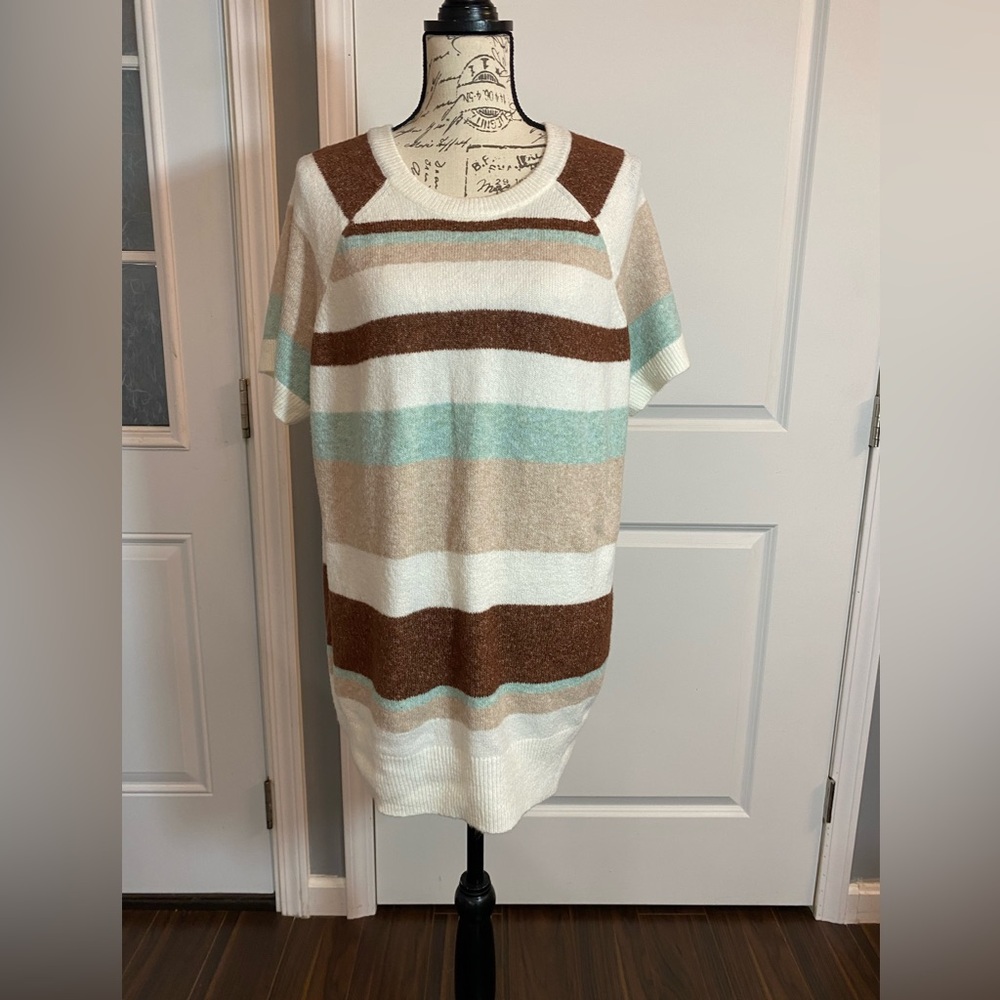 Torrid Cream, Green, Brown & Tan Striped Short Sleeve Knit‎ Tunic Sweater 2X C